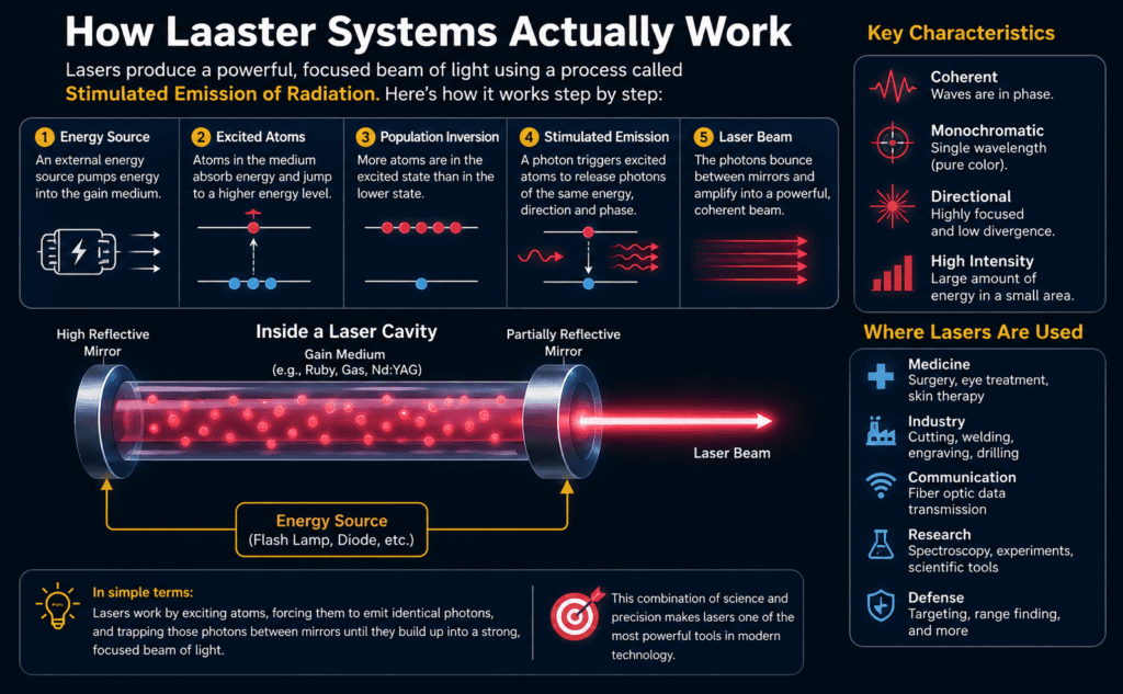 How laser systems work, showing energy input, excited atoms, population inversion, stimulated emission, and the formation of a focused laser beam.