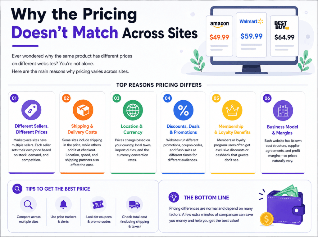Infographic explaining why the same product has different prices across websites, including seller differences, shipping costs, location, promotions, membership benefits, and business models.