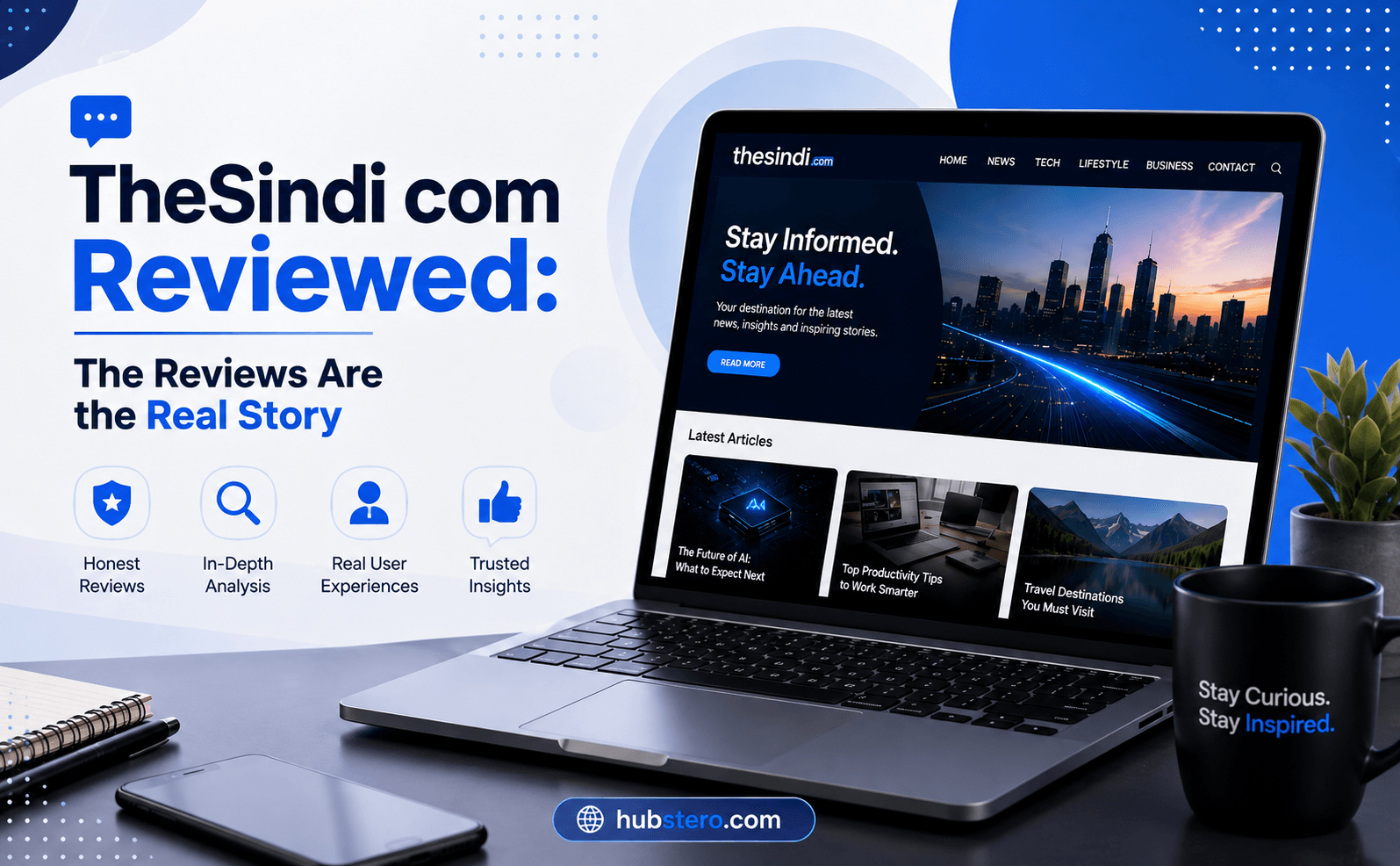 TheSindi com Reviewed banner featuring a laptop displaying the TheSindi website, with the headline “TheSindi com Reviewed: The Reviews Are the Real Story” and icons highlighting honest reviews, in-depth analysis, real user experiences, and trusted insights.