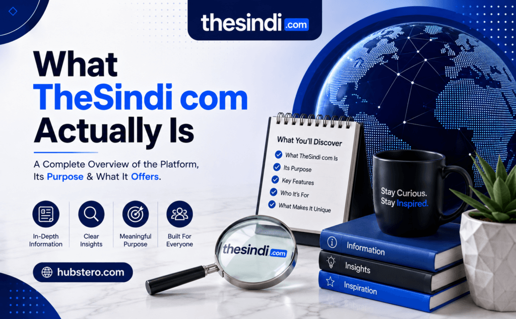 What TheSindi com Actually Is banner featuring a digital globe, magnifying glass, information books, checklist notebook, and branded mug, highlighting the platform’s purpose, insights, key features, and audience.