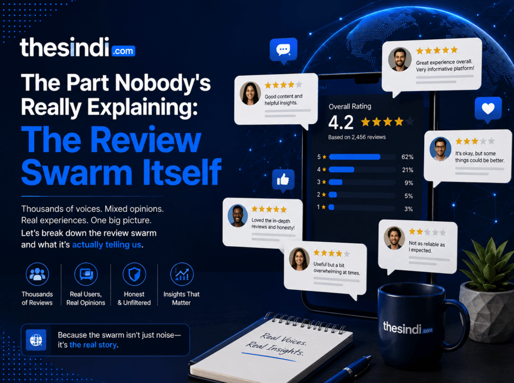 TheSindi com review swarm illustration showing multiple user review cards, star ratings, review statistics, and real opinions surrounding a central rating panel, highlighting how collective reviews reveal meaningful insights.