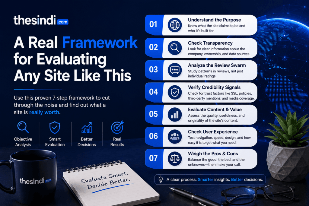 TheSindi.com website evaluation framework infographic showing seven steps for assessing a site, including purpose, transparency, reviews, credibility, content value, user experience, and pros and cons.