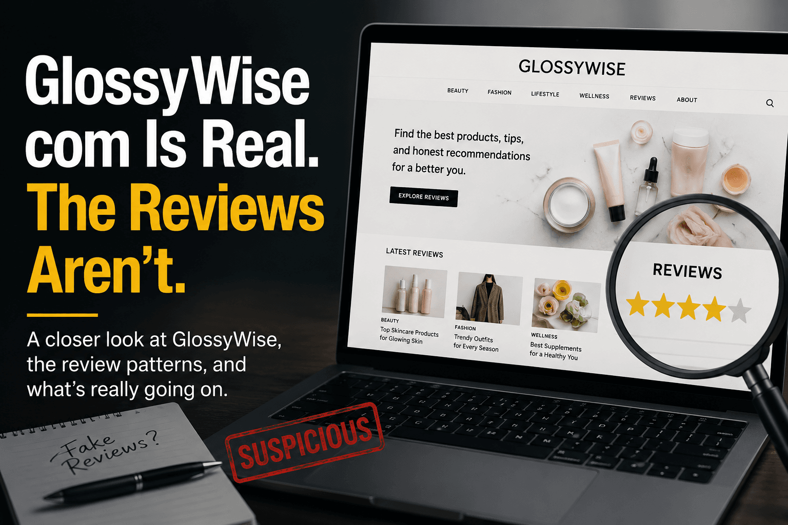 GlossyWise com review analysis showing the website, suspicious review patterns, and questions about review authenticity.