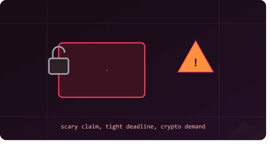 Illustration of a red warning envelope with an alert triangle and a broken padlock, representing phishing and extortion scam emails